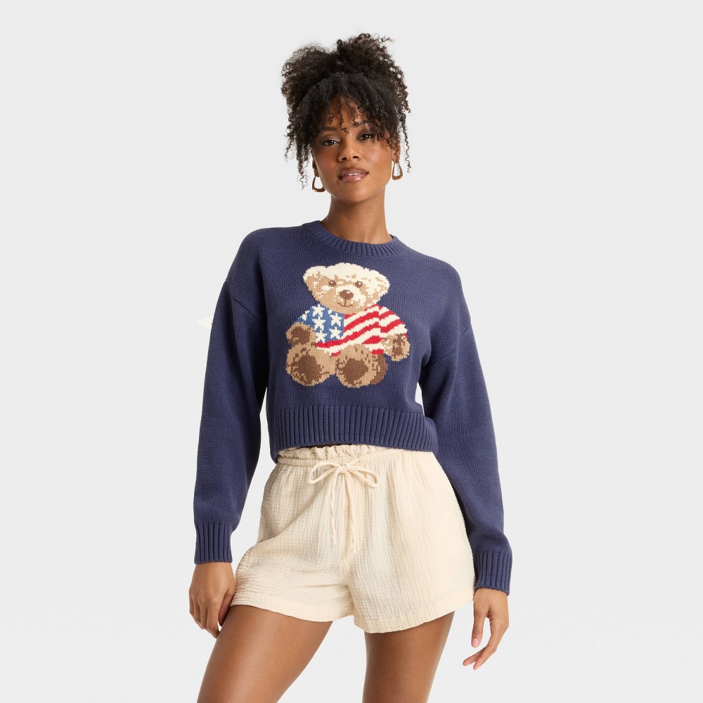 Women's Teddy Bear Flag Graphic Sweater - Navy M