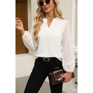 Women's V Neck Lace Sleeve Chiffon Blouse Elegant Casual Lightweight Top Tunic - 1 of 3
