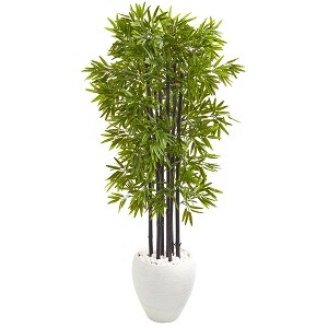 Nearly Natural 5-ft Bamboo Artificial Tree with Black Trunks in White Planter UV Resistant (Indoor/Outdoor) - 1 of 2