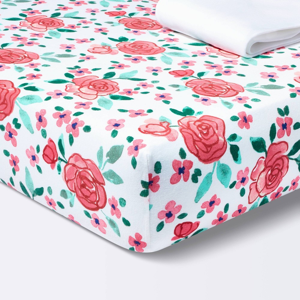 Photos - Bed Linen Fitted Jersey Crib Sheet - Pink Floral - 2pk - Cloud Island™