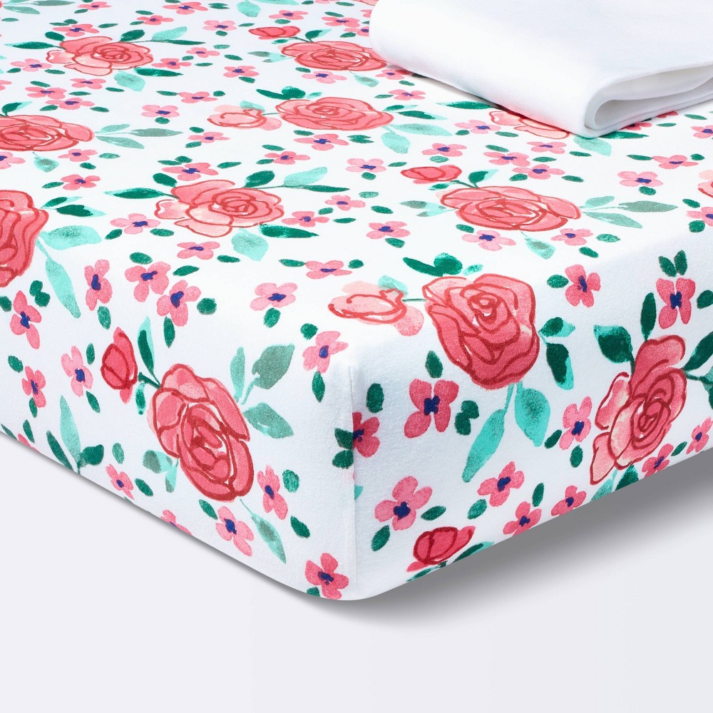 Photos - Bed Linen Fitted Cotton Jersey Crib Sheet - Pink Floral - 2pk - Cloud Island™: Standard Crib/Toddler, 100 Cotton, Botanical Pattern