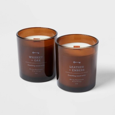 Set of 2 4.5oz Wooden Wick Candles Gift Whiskey and Oak &#38; Leather and Embers - Threshold&#8482;