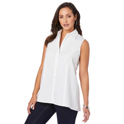 Jessica London Women's Plus Size Stretch Cotton Poplin Sleeveless Shirt -  14 W, White