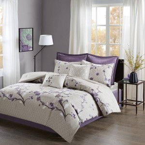 8 Piece Cotton Comforter Set Purple/Taupe King - 1 of 4