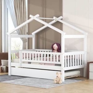 Twin Size Wooden House Bed with Twin Size Trundle, Children House Bed with Spacious Storage and Headboard, Bed with Wood Frame-Baofuwish - 1 of 4