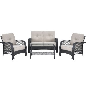 Tangkula 4PCS Patio Rattan Furniture Set Outdoor Conversation Set w/Tempered Glass Coffee Table Beige - 1 of 4