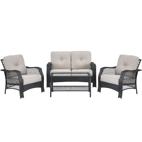 Outsunny 4-piece Rattan Wicker Furniture Set, Outdoor Cushioned  Conversation Furniture With 2 Chairs, Loveseat, And Glass Coffee Table :  Target