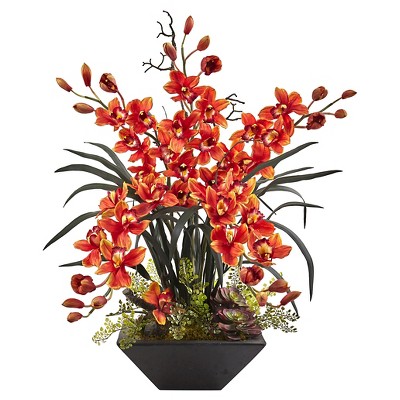 Cymbidium Orchid Silk Arrangement with Black Vase - Nearly Natural