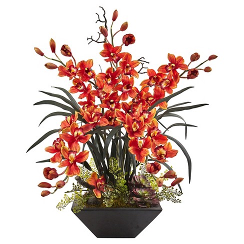 Cymbidium Orchid Silk Arrangement With Black Vase Nearly Natural - 