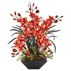 Cymbidium Orchid Silk Arrangement with Black Vase - Nearly Natural