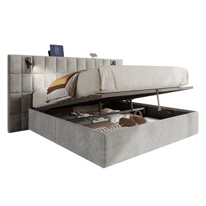 AMERLIFE Upholstered Bed Frame with Widened Headboard,Lift-Up Storage Bed and Built-in Light, Velvet - 1 of 4