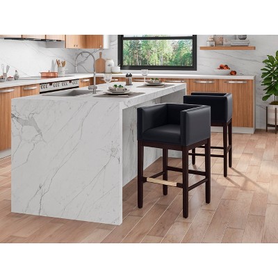 Kingsley 34" Black Faux Leather and Dark Walnut Wood Counter Stool (Set of 2)