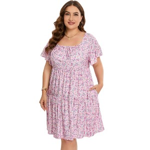 Coolmee Womens Plus Size Summer Midi Dresses Casual Ruffle Sleeve Tiered Swing Sundress with Pockets - 1 of 4