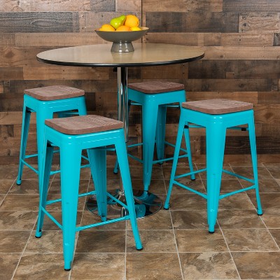 Teal Metal and Wood Backless Counter Stools, Set of 4