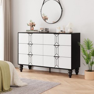 Jojoka Black and White Wooden 6 Drawer Dresser with Vintage Pattern Design, Modern Chest Dresser with Deep Drawers for Bedroom, Living Room, Entryway - 1 of 4