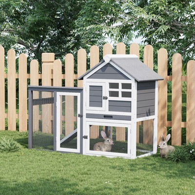 Outdoor Wooden Chicken Coop, 2 Story Rabbit Hutch with Pull-Out Tray & Non-slip Ramp, Guinea Pig Cage, Chicken Coop for Small-Medium Animals