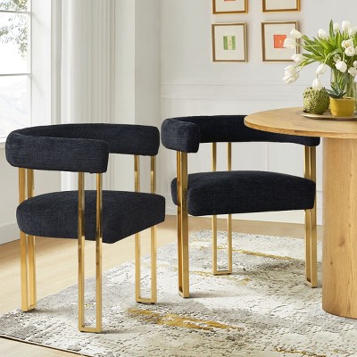 Upholstered Dining Chair Set Of 2 Chenille Dining Chair With Curved Arm & Gold Metal Leg For Kitchen,Dining Room,Living Room- Tanpinhause