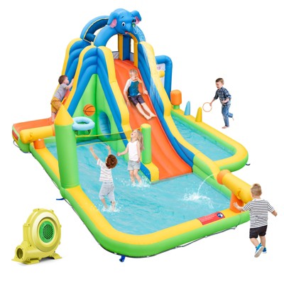 Tangkula Inflatable Water Slide 9-in-1 Blow-up Water Park for Kids with Splash Pool Climbing Wall Water Guns Basketball Toss with 950W Blower