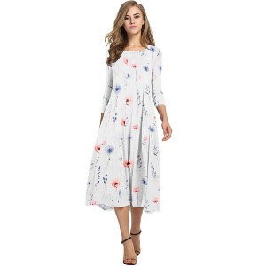 knee length dresses for ladies 2023 White Casual Mock Neck Loose 3/4 Sleeve Midi Dress – Sassymyprom main image 0