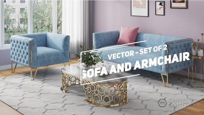 Gray Velvet Sofa and Armchair Set with Brass Frame