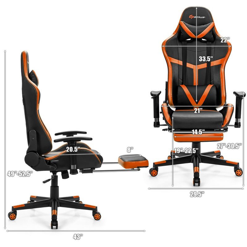 Costway  Gaming Chair Reclining Racing Chair with Massage Lumbar Support &Footrest Orange, 3 of 10
