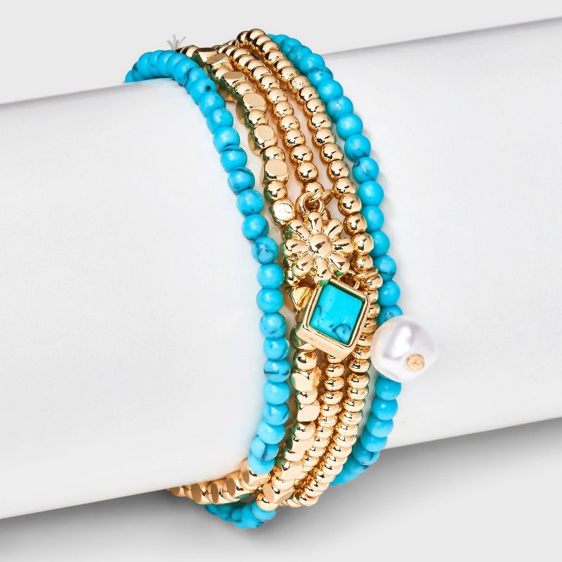 Beaded Stretch Charm Bracelet Set w Semi Precious Turquoise Set 5pc - Universal Thread&#8482; Gold/Turquoise, 3 of 8