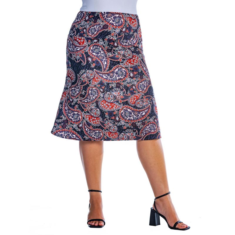 Womens Plus Size Grey Paisley Elastic Waist Knee Length Skirt, 1 of 5