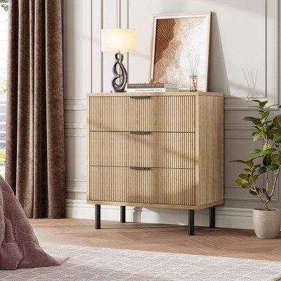 28'' Wide Chest of Drawers, Wave Fluted 3 Drawer Dresser with Anti-Tipping Device, Storage and Metal Legs for Bedroom, Hallway, Small Spaces