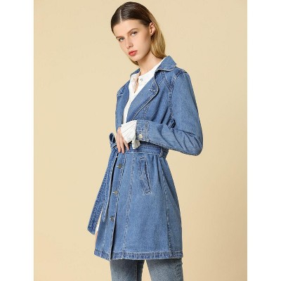 Allegra K Women's Notched Lapel Belted Trench Long Denim Jacket Light Blue X-Small — фото 2