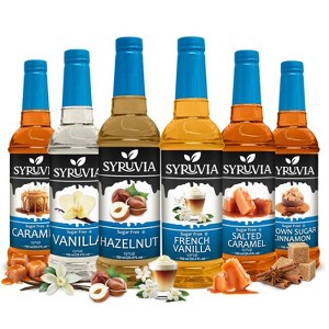 Syruvia Sugar Free Coffee Flavors Variety Pack: Caramel, Vanilla, Hazelnut, French Vanilla, Salted Caramel & Brown Sugar Cinnamon 25.4 fl oz Syrup - 1 of 4