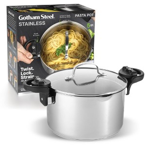 Gotham Steel Stainless Steel Pasta Pot with Built-In Strainer and Locking Handles – Twist, Drain & Serve Multi-Purpose Stock Pot - 1 of 4
