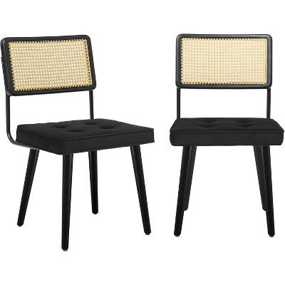 coucheta Vintage Rattan Back Dining Chair of 2, Upholstered Kitchen Chairs with Rattan Back and Upholstered Velvet Fabric, for Kitchen, Dining, Black