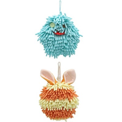 REGALWOVEN 2 Packs Fluffy Chenille Rabbit Shape Cute Soft Absorbent Hanging Ball Hand Towels 7" x 7"