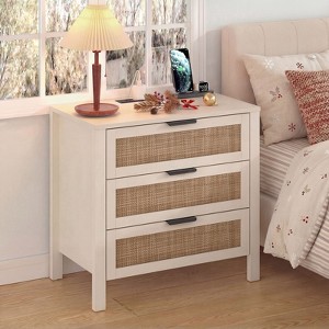 Hommpa Boho Rattan Nightstand with Charging Station, 3-Drawer Bedside Table with USB & AC Outlets - 1 of 4