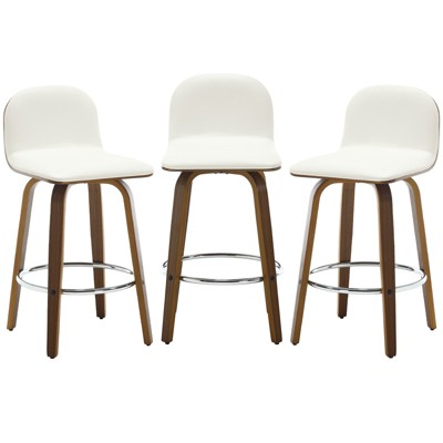 Bekrvio 26" Swivel Counter Height Bar Stools Set of 3 – Mid-Century Modern Upholstered PU Leather & Walnut Bentwood Legs, for Kitchen Island (White)