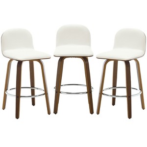 Bekrvio 26" Swivel Counter Height Bar Stools Set of 3 – Mid-Century Modern Upholstered PU Leather & Walnut Bentwood Legs, for Kitchen Island (White) - 1 of 4