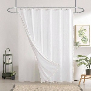 Linen Texture 3 in 1 Farmhouse Shower Curtain Set with Tassel Boho Fabric Bathroom White 72Wx 72L - 1 of 4