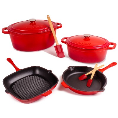 Megachef Pre-seasoned 9 Piece Cast Iron Skillet Set With Lids And Red  Silicone Holder : Target