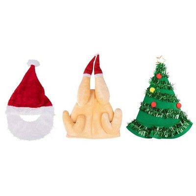 Juvale 3 Piece Novelty Christmas Party Hats for Adults, Santa, Roast Turkey & Christmas Tree