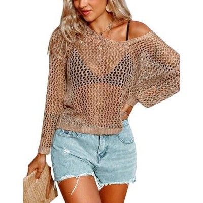 AI'MAGE Womens Crochet Tops Long Sleeve Hollow Out Swim Cover Up 2025 Beach Bikini Swimsuit Summer Tunic Top