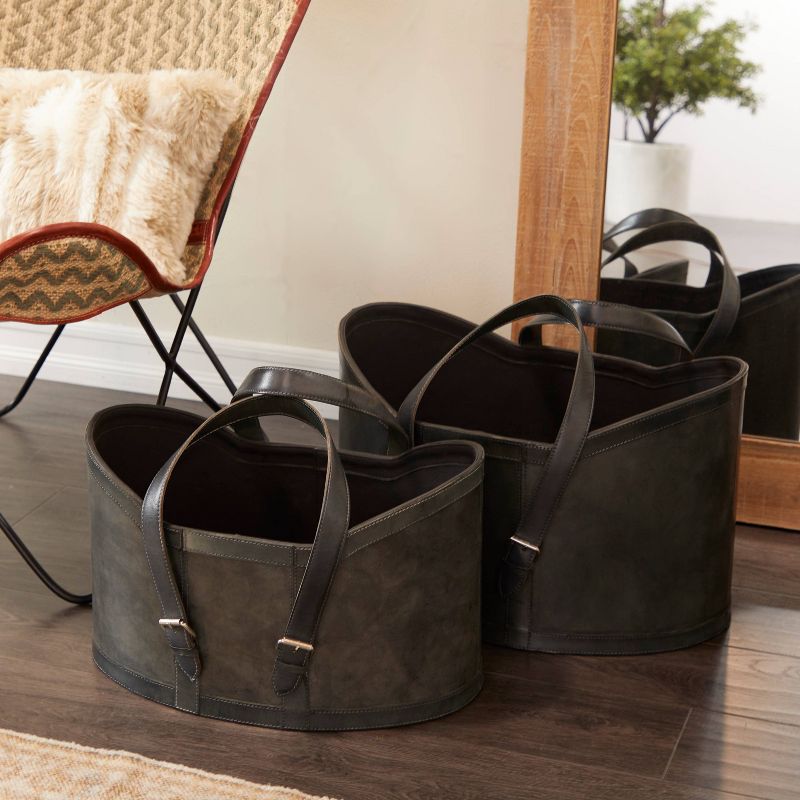 Set of 2 Leather Storage Baskets Dark Brown - Olivia &#38; May, 1 of 8