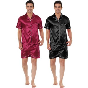 Lars Amadeus Men's Short Sleeves Top and Pants Solid Color Satin Pajama Sets 2 Pack - 1 of 4