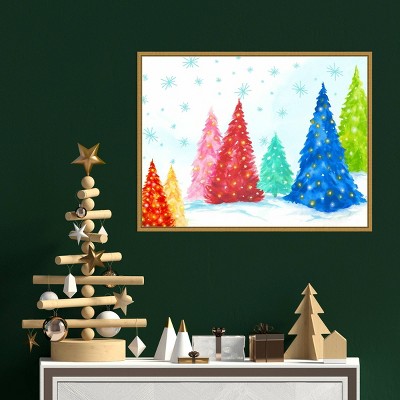 Magic Christmas Trees Multicolor Canvas Print with Gold Frame