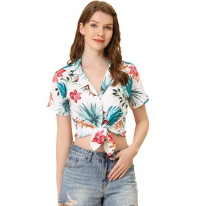 Allegra K Women's Hawaiian Floral Leaves Printed Short Sleeve Button Down Vintage Shirt - 1 of 4