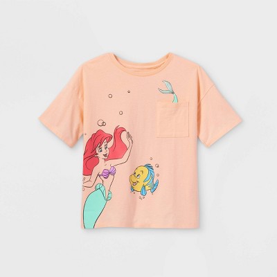 Girls' Disney Princess Ariel and Flounder Pocket Short Sleeve Graphic T-Shirt - Pink XXL Plus