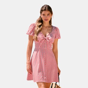 strapless open back dress Gingham Lace Cami Mini Dress (Red) S