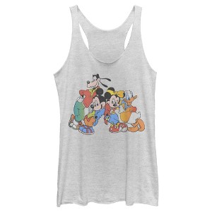 Women's Mickey & Friends Colorful Group Shot Distressed Racerback Tank Top - 1 of 4