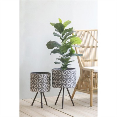 SKRAN Indoor Outdoor Metal Planter Pot Set 2 Round Galvanized  with Drainage Holes Plant Pots for Garden, Patio, Grey