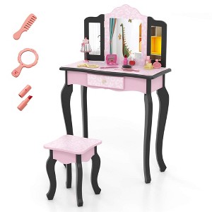 Costway Kids Vanity Table & Stool Set with Cute Polka Dot Print Tri-folding Mirror Drawer Pink&White/Light Pink&White/Pink&Black/Blue/Pink - 1 of 4