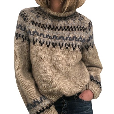 Women's Mock Neck Fair Isle Knit Sweater - Chunky Knit Pullover with Geometric Pattern